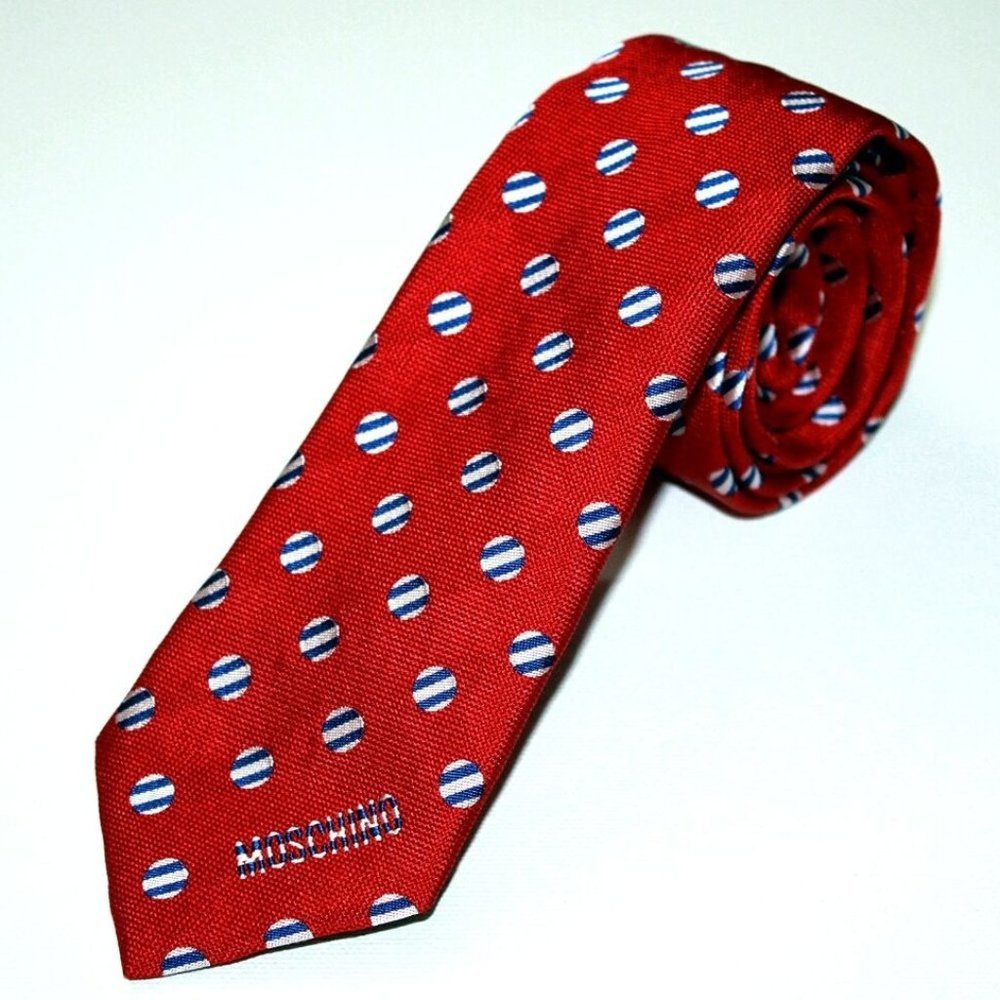 MOSCHINO Logo NECKWEAR Red Tie  BLUE White CIRCLES